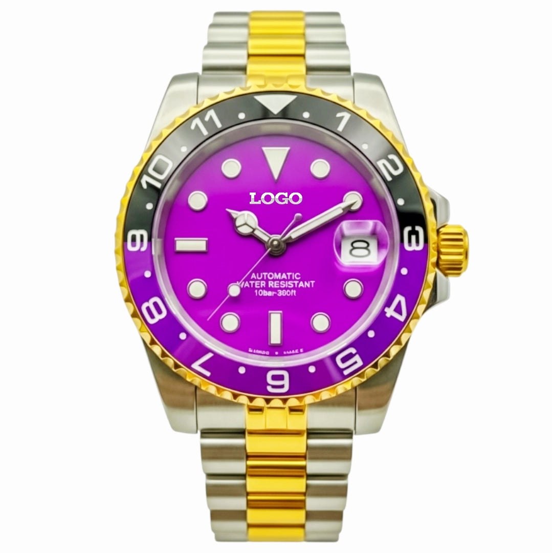 Seikmariner Joker Seiko Mod luxury diver watch with purple dial and two-tone stainless steel case