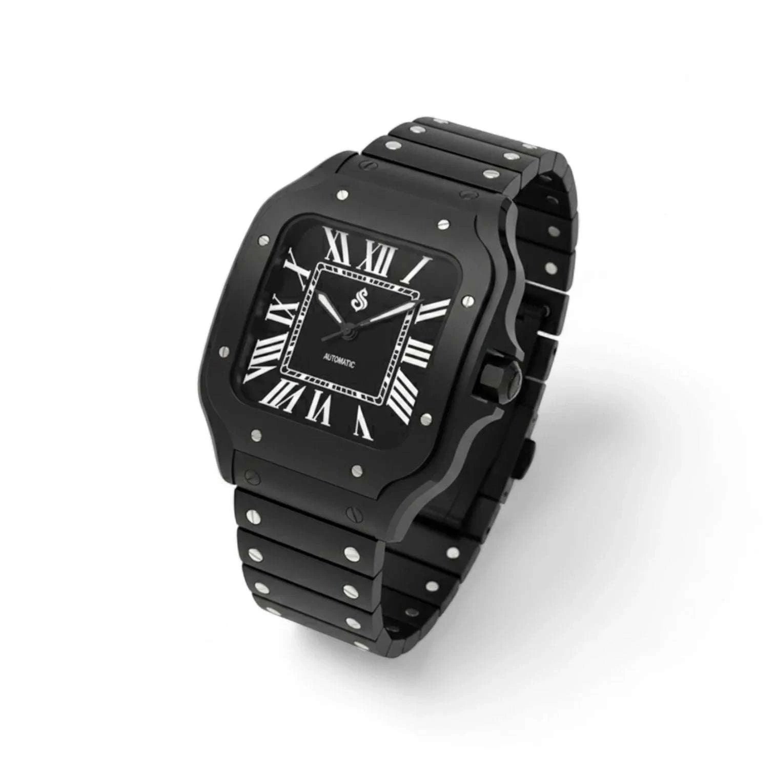 Santeiko Blackout Mod luxury watch inspired by Santos design with sapphire glass and stainless steel case by Modtime Creations