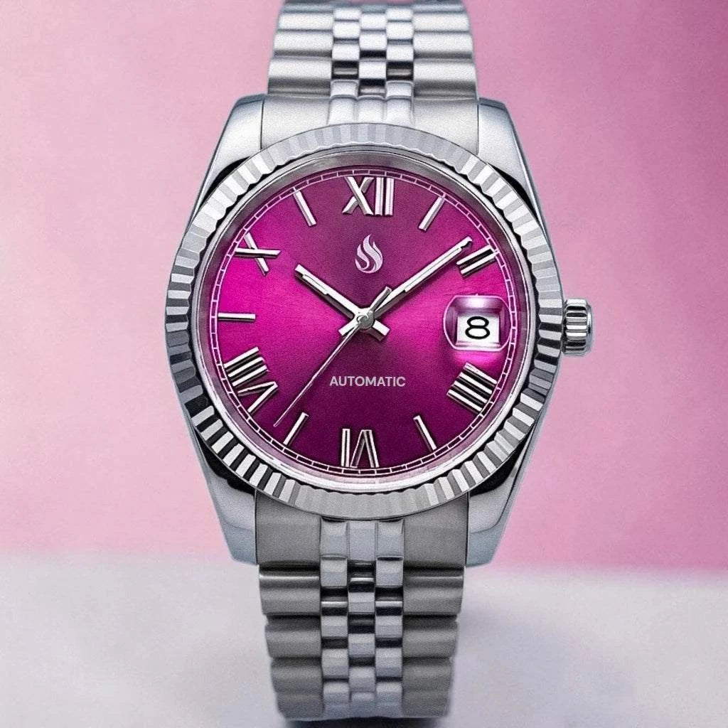 Seiko mod watches datejust "Fuchsia" Purple Dial Fluted Bezel with jubilee-style bracelet at Modtime Creations 