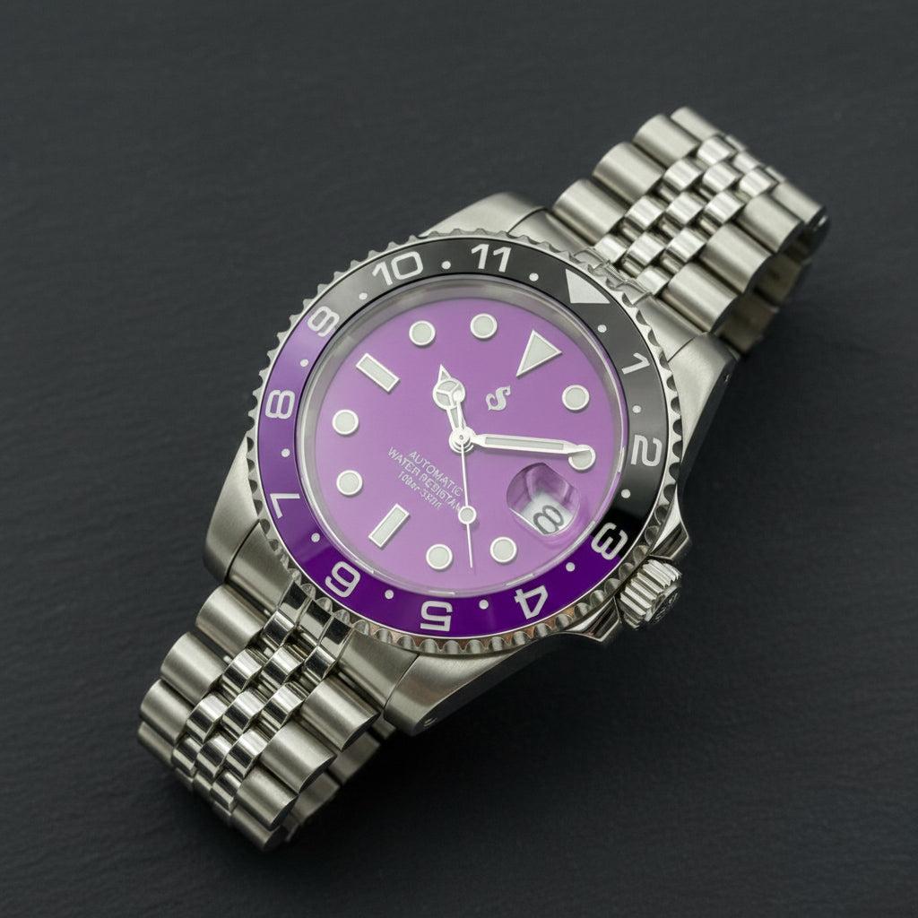 Seikmariner Joker Seiko Mod watch with purple dial and silver stainless steel case