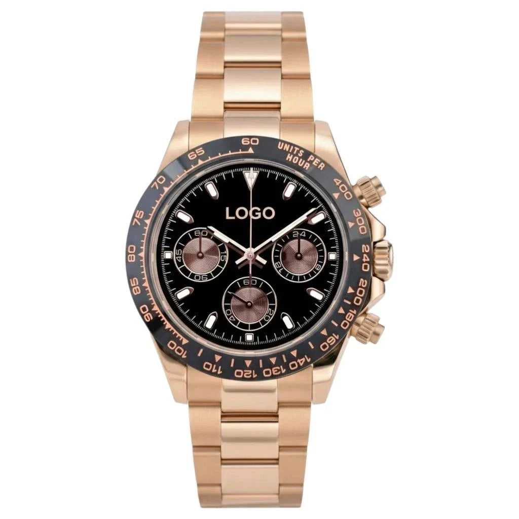 Seitona rose gold Seiko mod watch with black dial and ceramic bezel by Modtime Creations