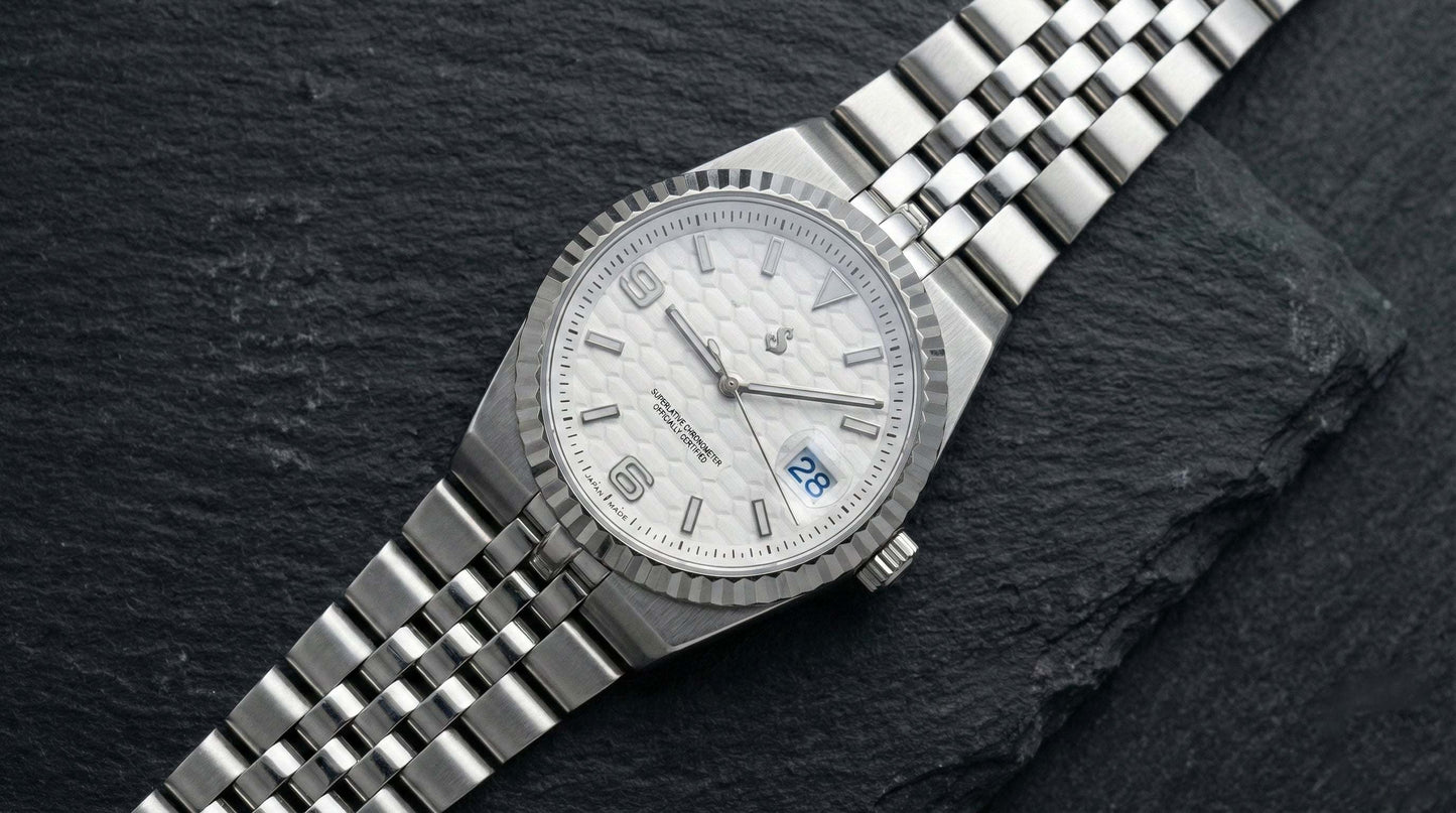 Seiko Mod Date Window watch with white dial and sapphire crystal, crafted by Modtime Creations