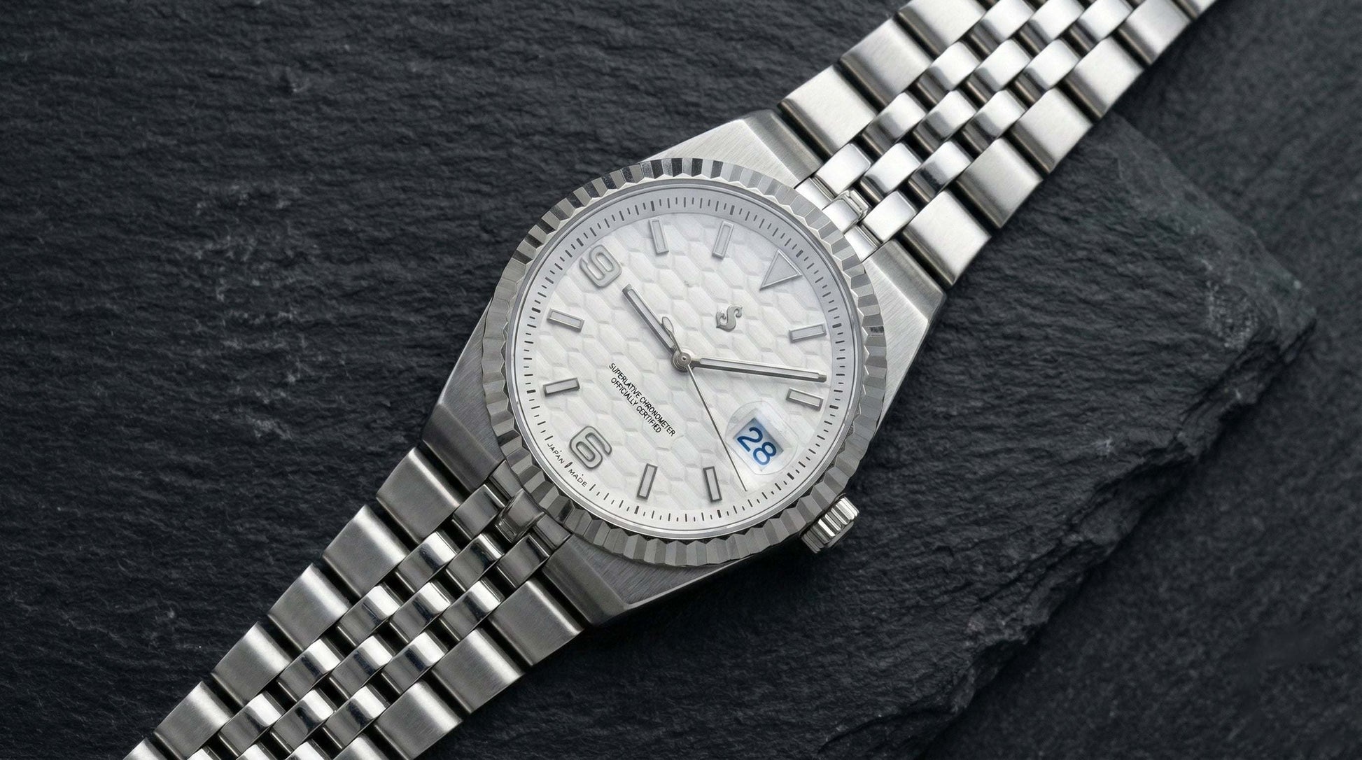 Seiko Mod Date Window watch with white dial and sapphire crystal, crafted by Modtime Creations