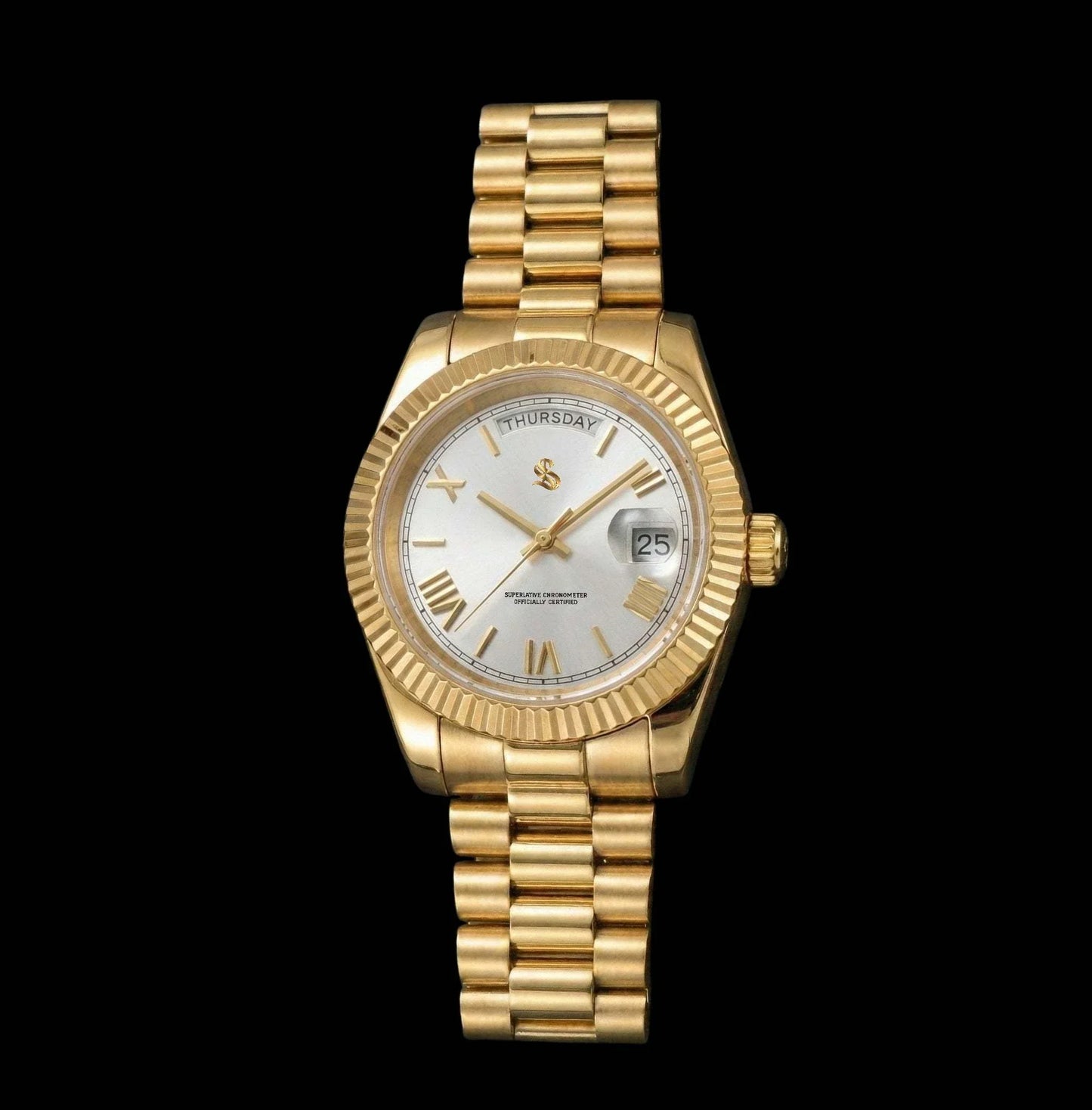 Gold Modtime watch with white Roman numerals and day-date display, luxury modded Seiko style