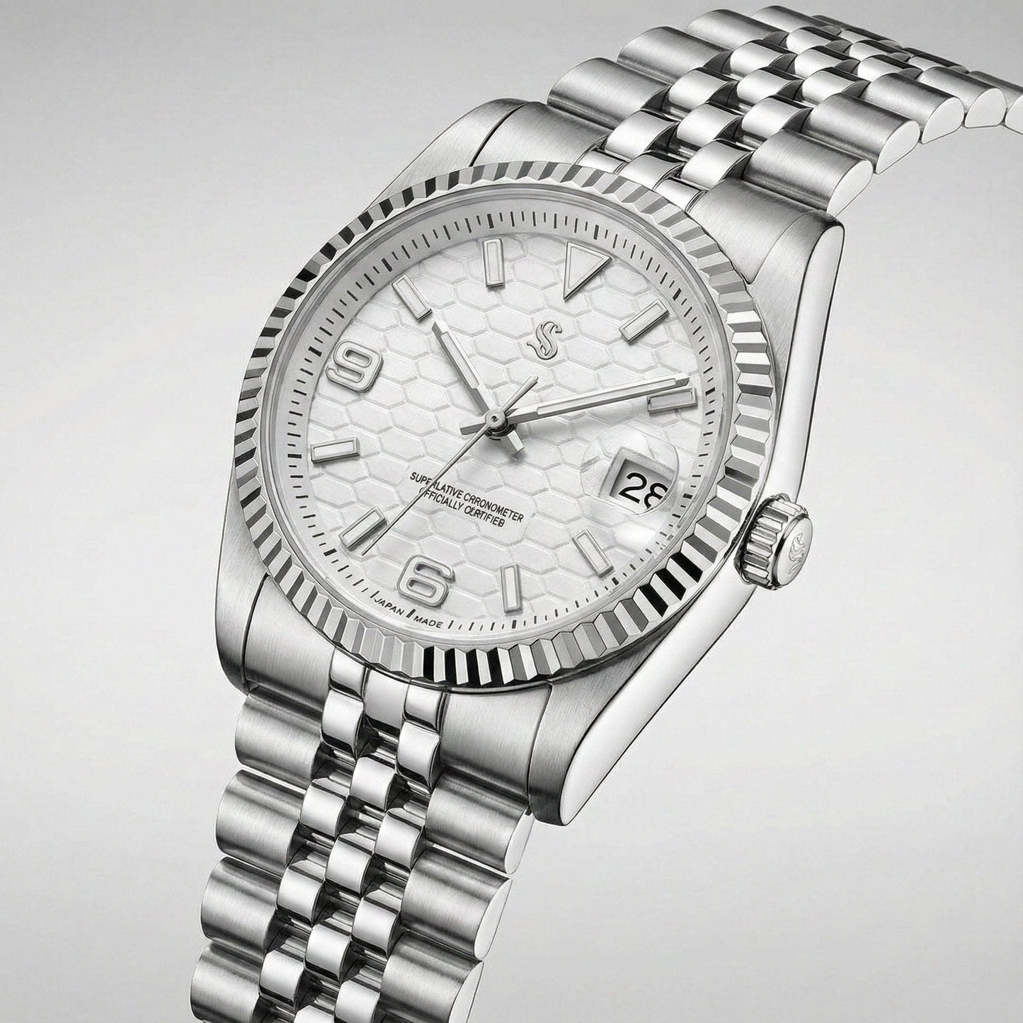 Seiko Mod luxury watch with white dial, date window, sapphire crystal, and stainless steel case by Modtime Creations