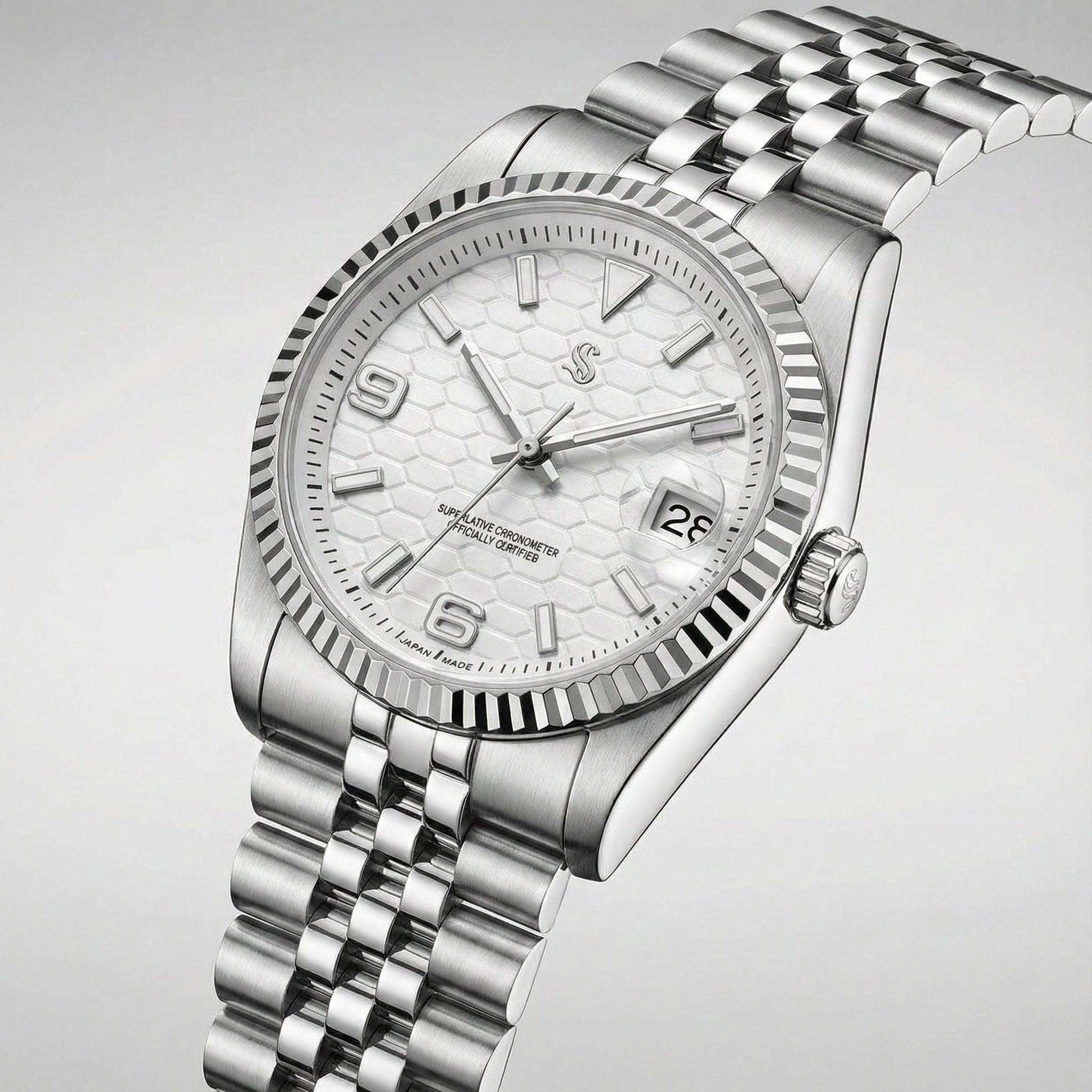 Seiko Mod luxury watch with white dial, date window, sapphire crystal, and stainless steel case by Modtime Creations