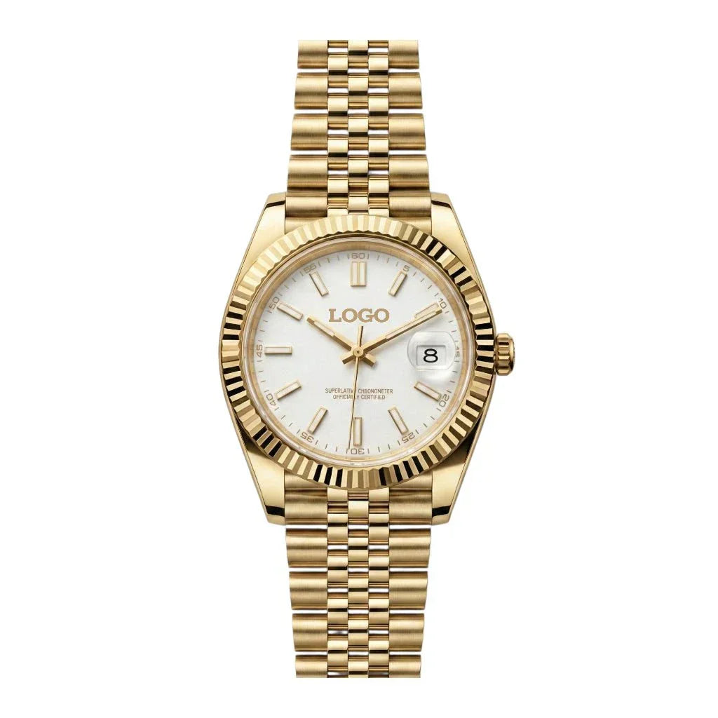 SeikJust Seiko Mod watch with gold and white dial featuring date window and NH35 automatic movement