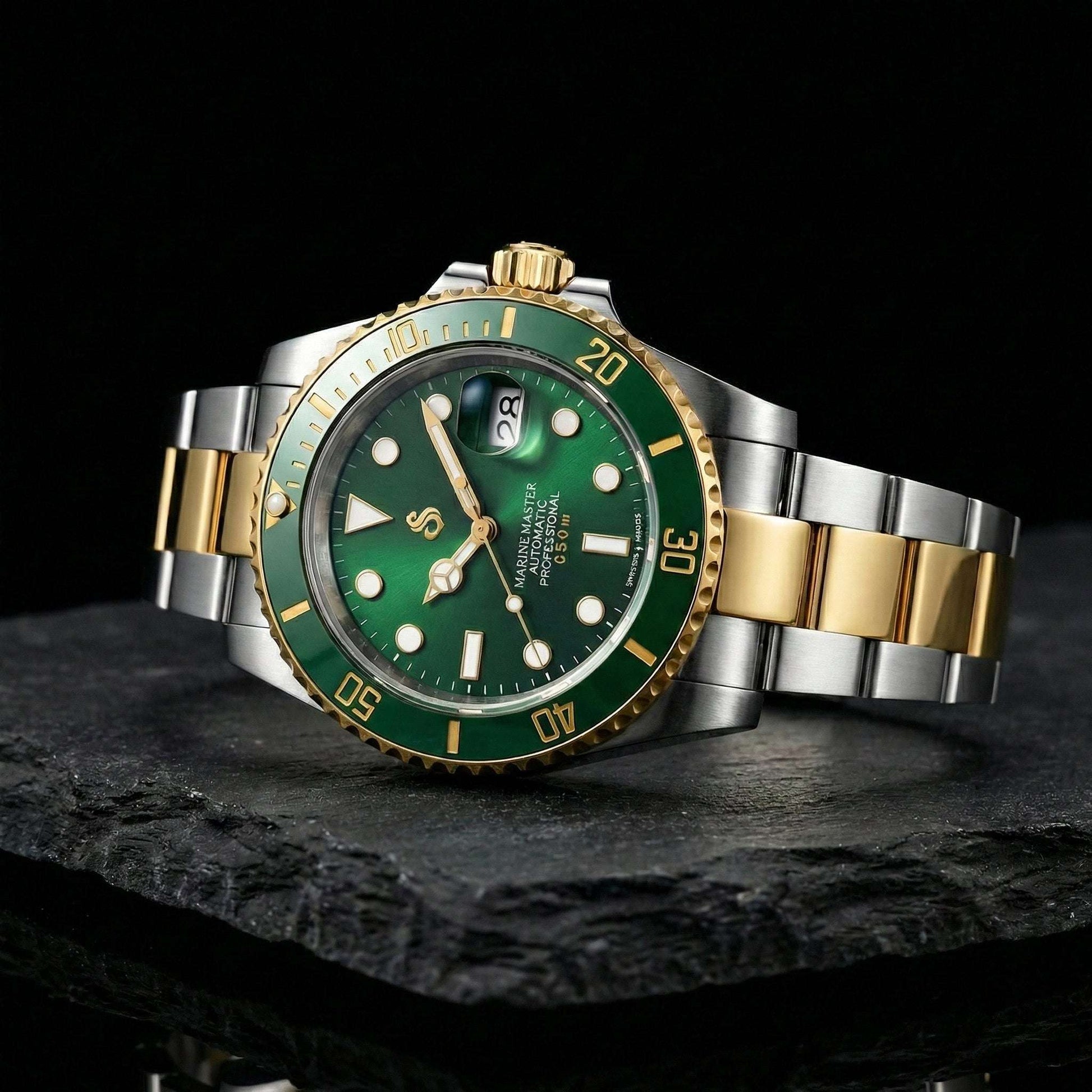 Seikmariner two-tone green and gold Seiko Mod diver watch with sapphire crystal and stainless steel case by Modtime Creations