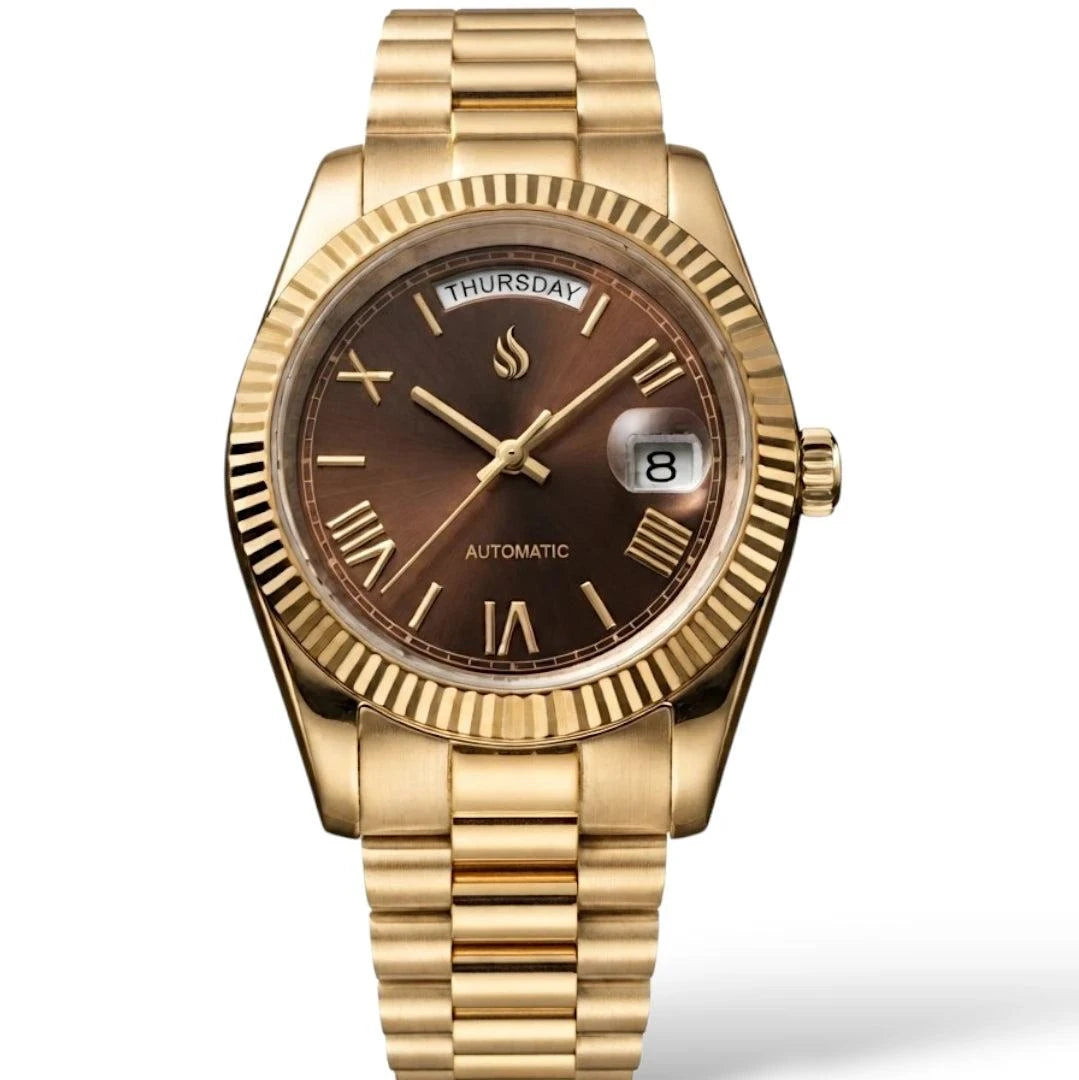 Seiko Mod DayDate watch with gold chocolate Roman numerals dial by Modtime Creations