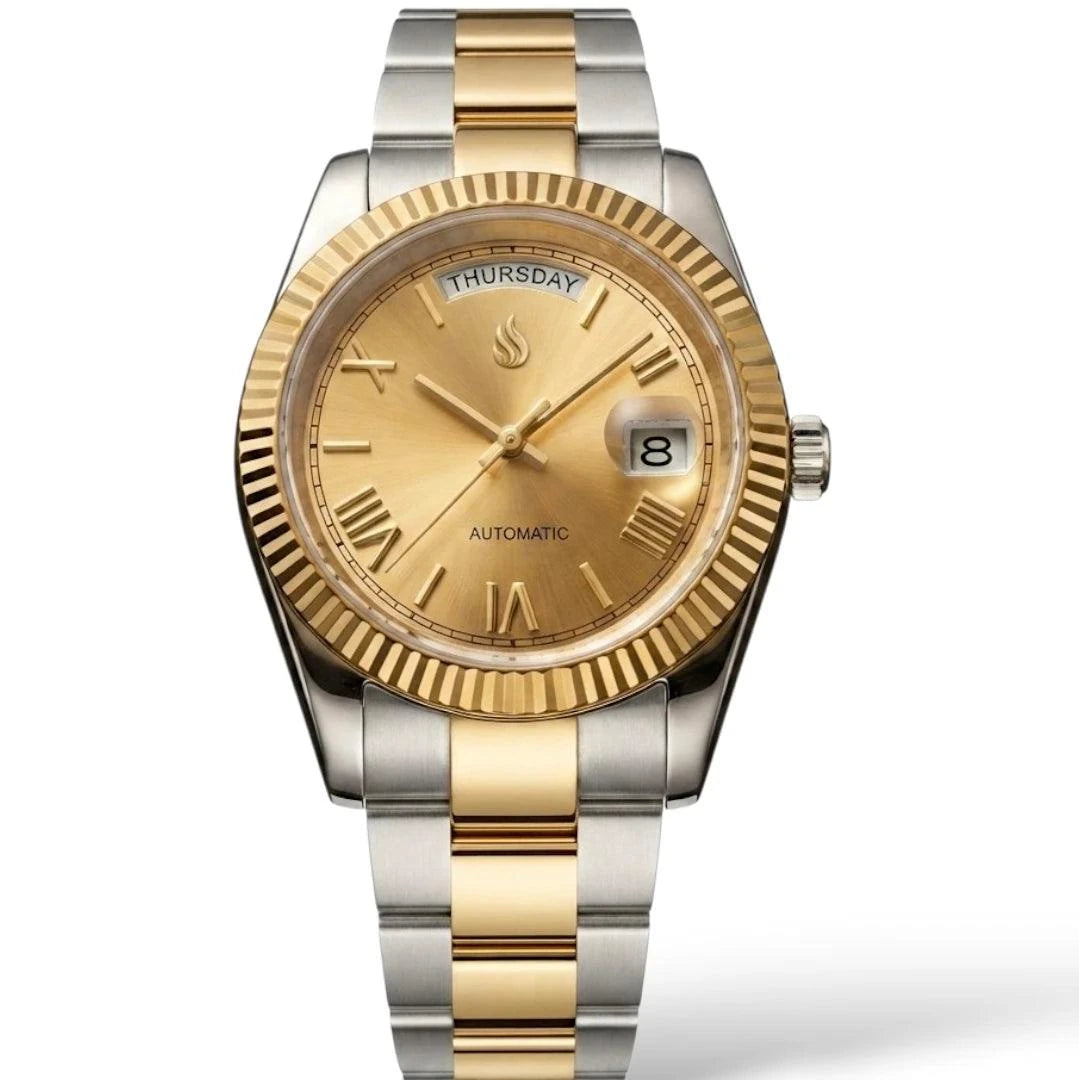 DayDate gold Roman numerals dial Seiko Mod watch by Modtime Creations with two-tone stainless steel case and Miyota 8285 automatic movement