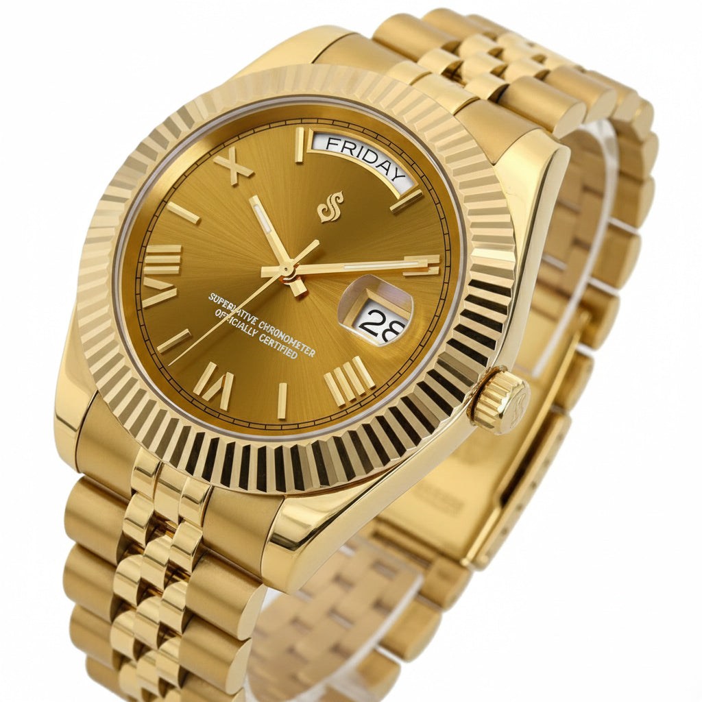 Seiko Mod Day & Date luxury watch with gold Roman numerals dial by Modtime Creations