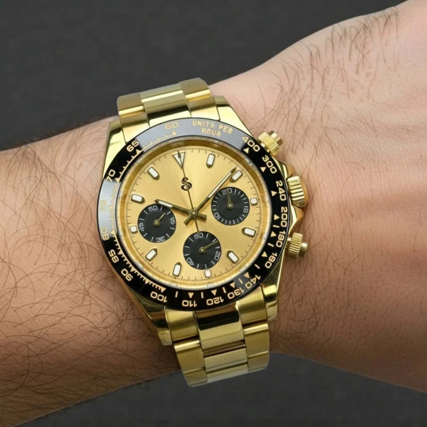 Seitona Gold case Seiko Mod watch with gold black dial and VK63 hybrid chronograph