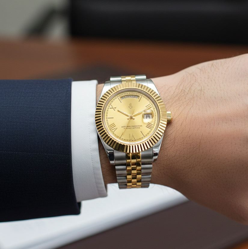 Seiko Mod luxury watch with gold Roman numerals and two-tone dial by Modtime Creations