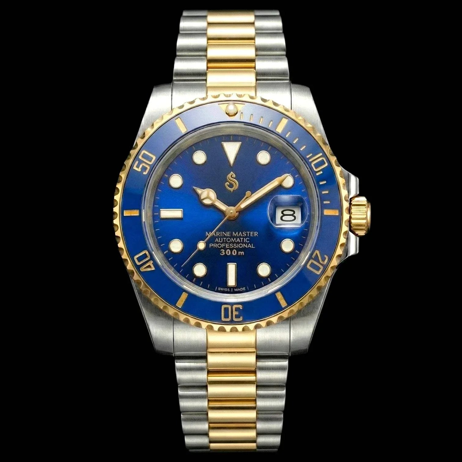 SeikMariner two-tone blue Seiko mod watch with sapphire crystal and automatic movement