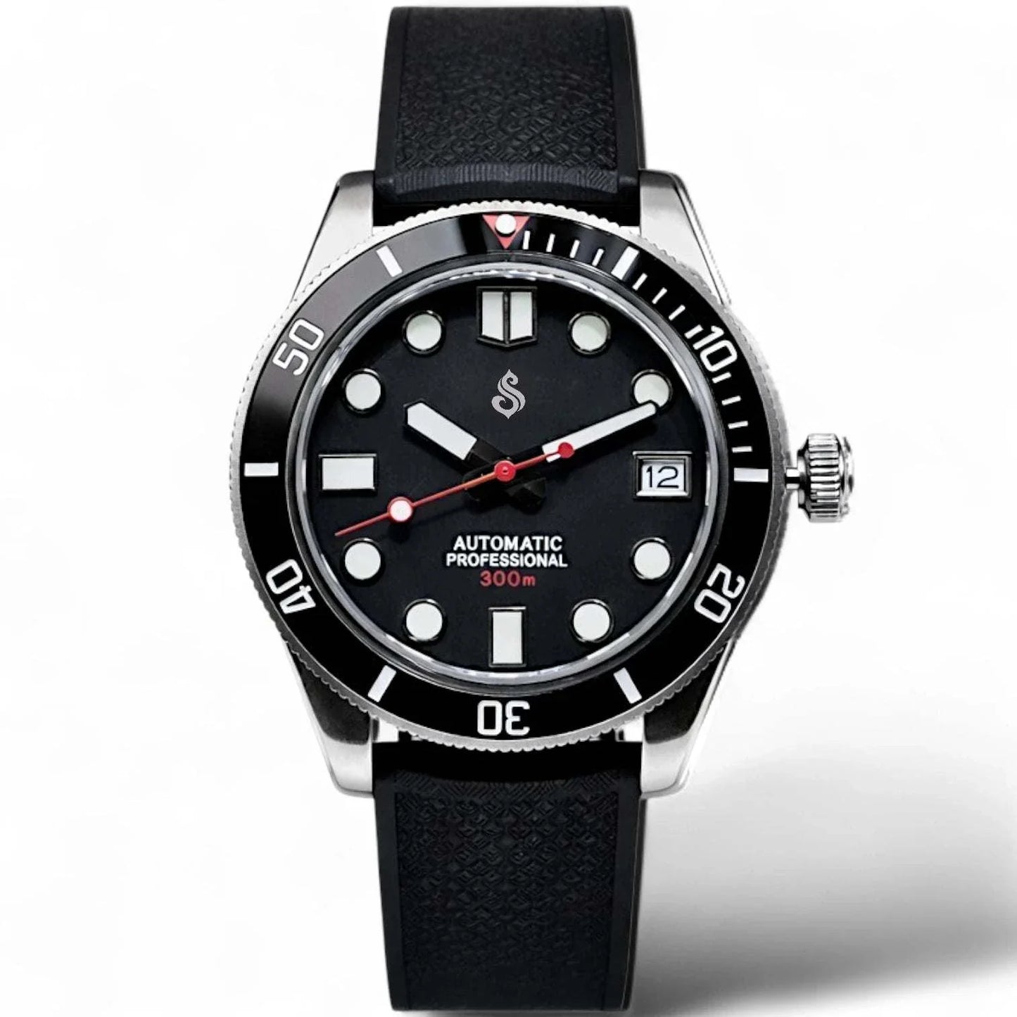 SeikMariner Black Diver vintage Seiko Mod watch with NH35 automatic movement and black rubber strap by Modtime Creations