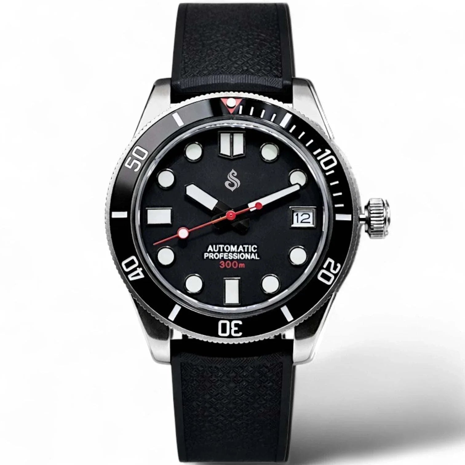 SeikMariner Black Diver vintage Seiko Mod watch with NH35 automatic movement and black rubber strap by Modtime Creations