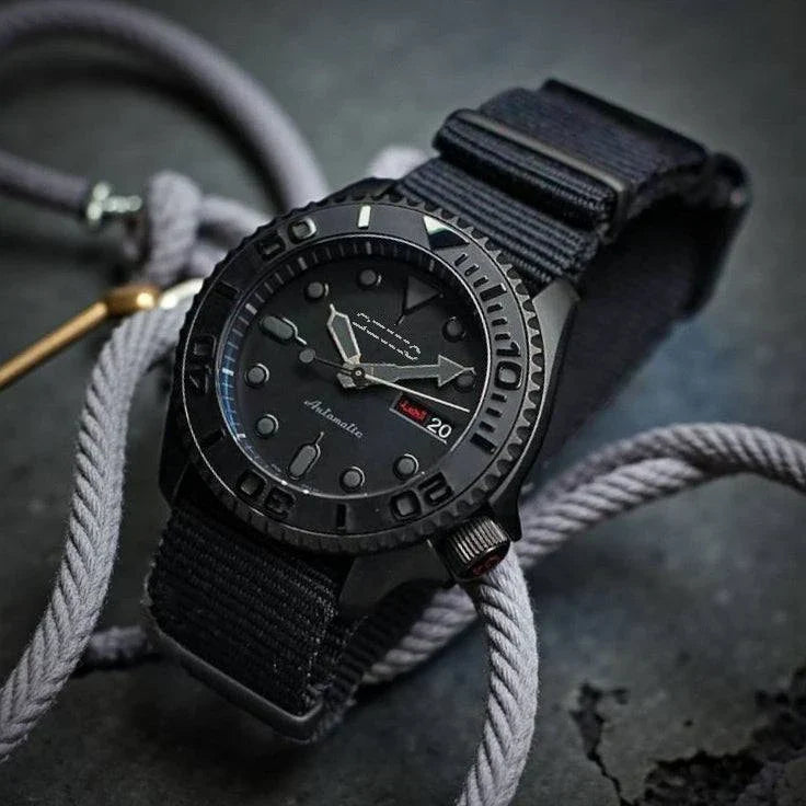 SeikMaster Black Stealth Seiko Mod luxury diver watch with sapphire crystal and stainless steel case