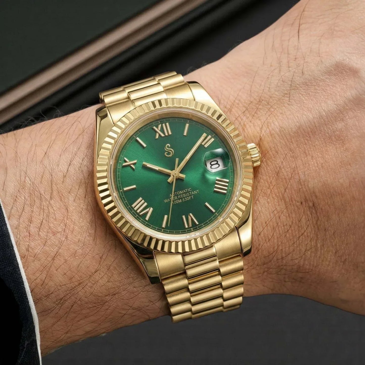 SeikJust watch with gold and green Roman numeral dial and date window, custom Seiko Mod by Modtime Creations