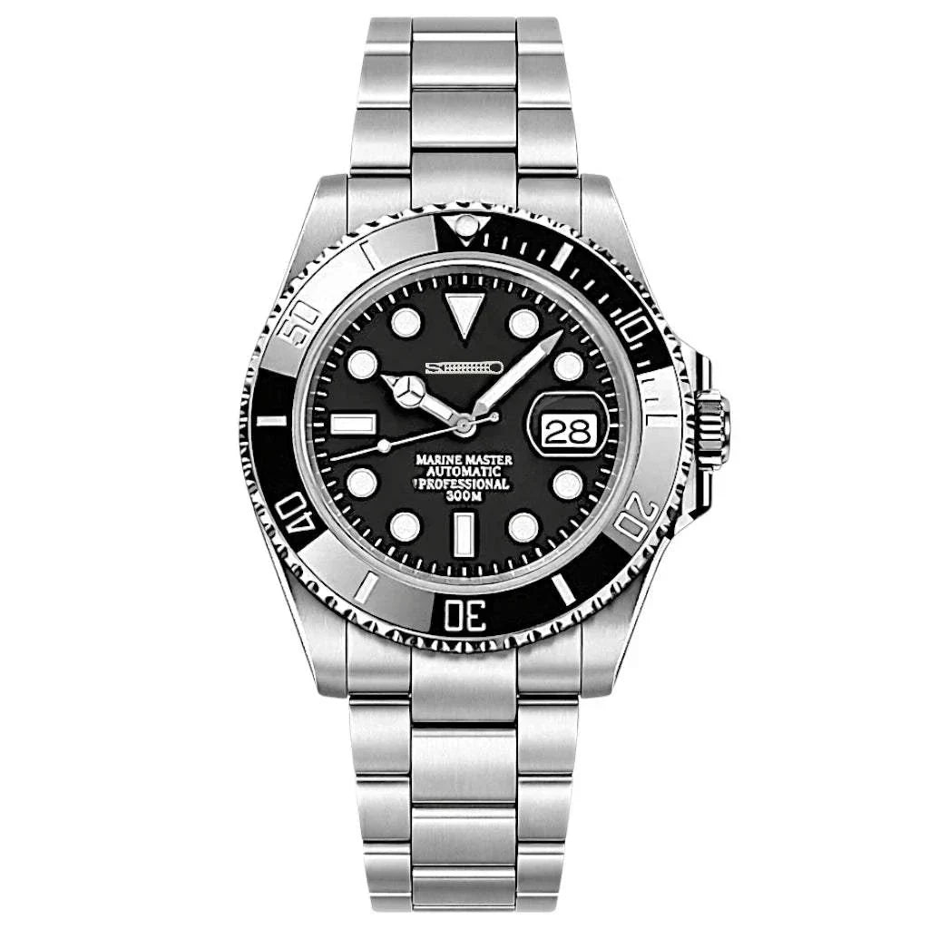Seikmariner Midnight Black modded Seiko diver watch with sapphire crystal and stainless steel case
