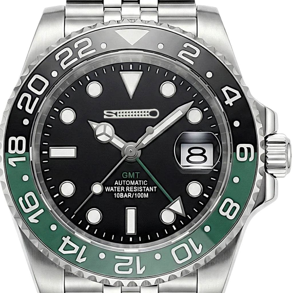 SeikMariner GMT Seiko Mod watch with green ceramic bezel and black dial