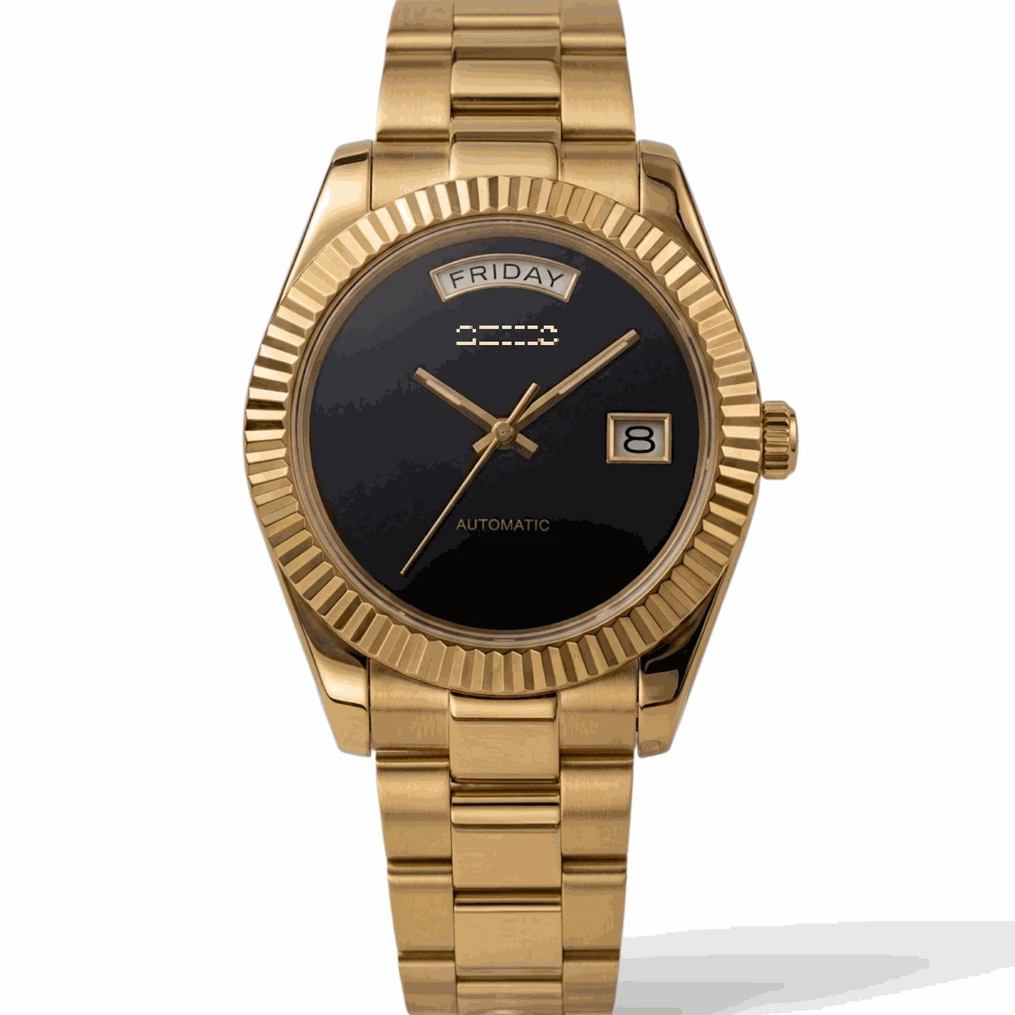 Modtime DayDate Seiko Mod luxury watch in black and gold with Miyota 8285 movement