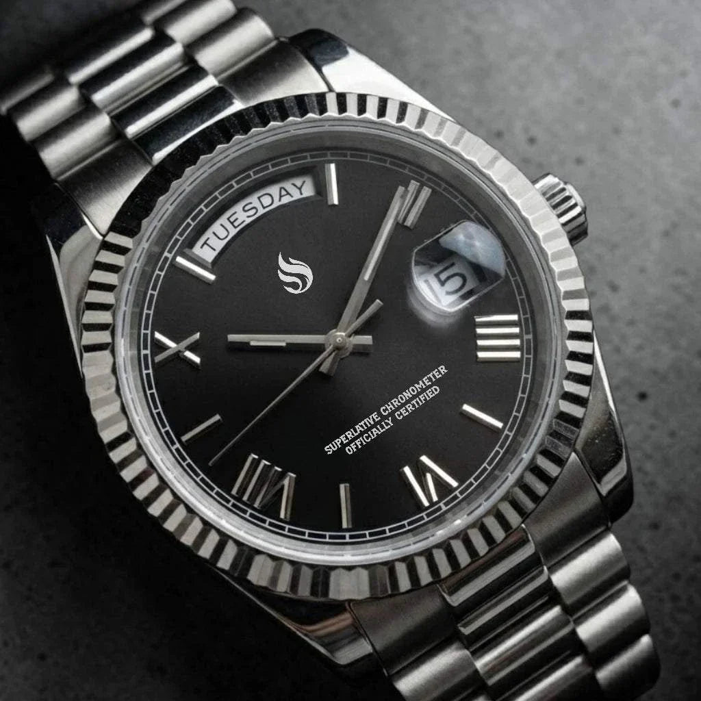 Modded Seiko Watches DayDate Black  Roman Numerals Dial with Silver Fluted Watch case built by Modtime Creations