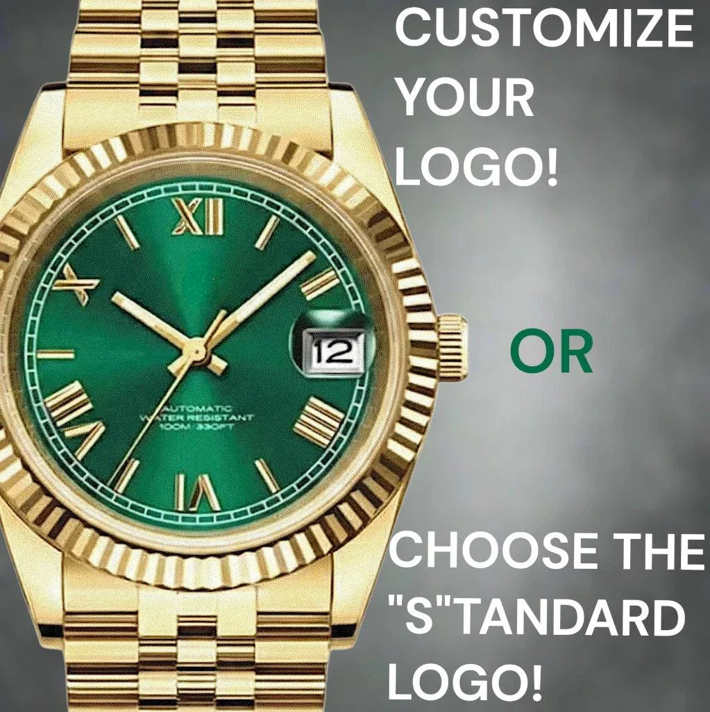 SeikJust luxury Modtime Seiko Mod watch with gold green Roman numeral dial and date window