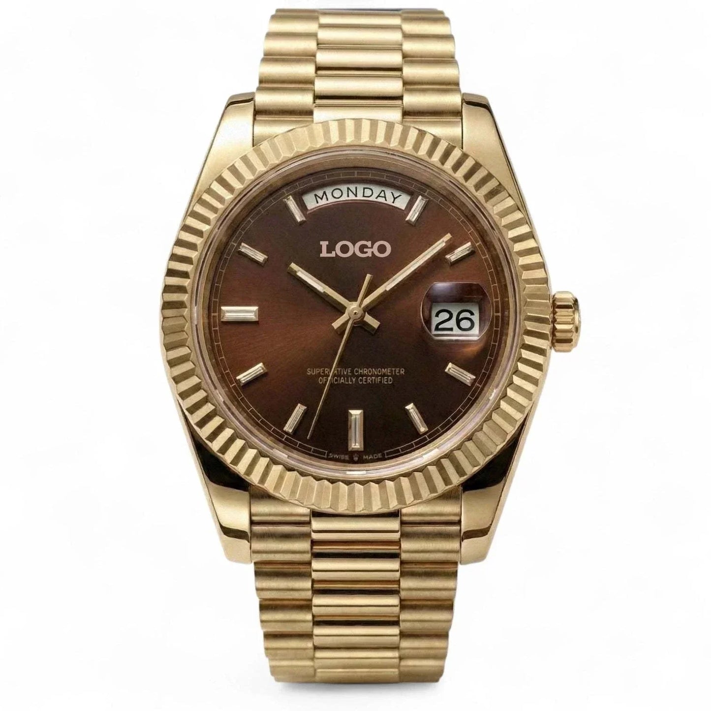 Modtime day and date chocolate dial gold modded Seiko watch with stainless steel bracelet
