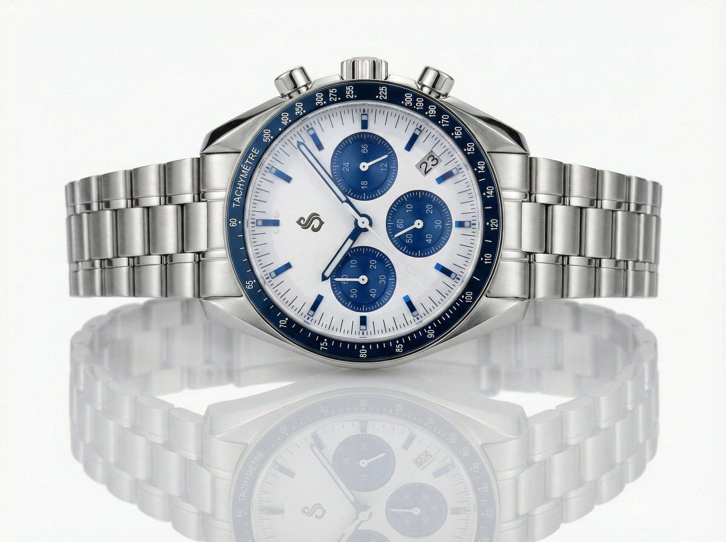 SeikSpeed Chronograph watch with white and blue dial, 41mm Seiko Mod homage by Modtime Creations