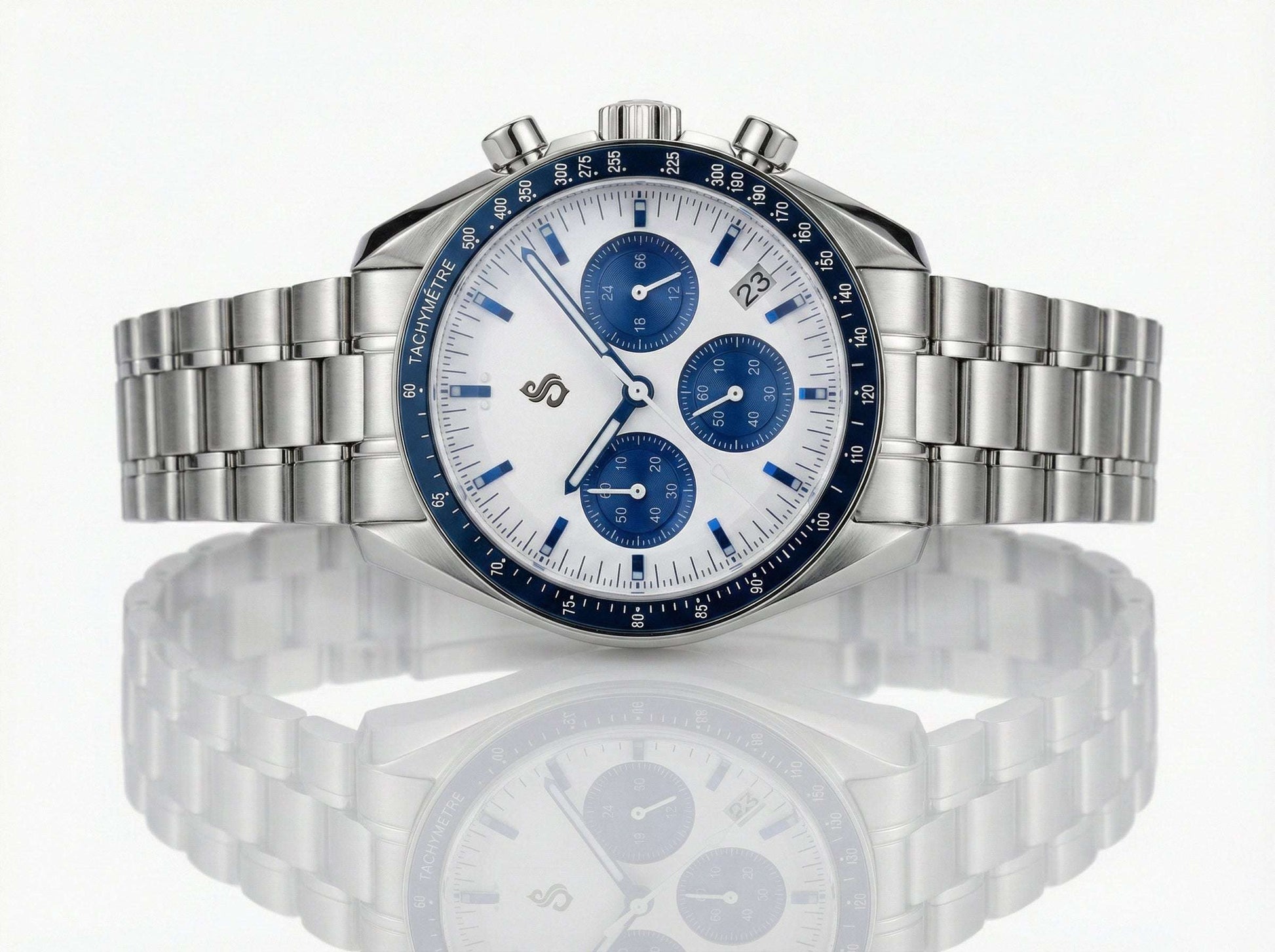 SeikSpeed Chronograph watch with white and blue dial, 41mm Seiko Mod homage by Modtime Creations