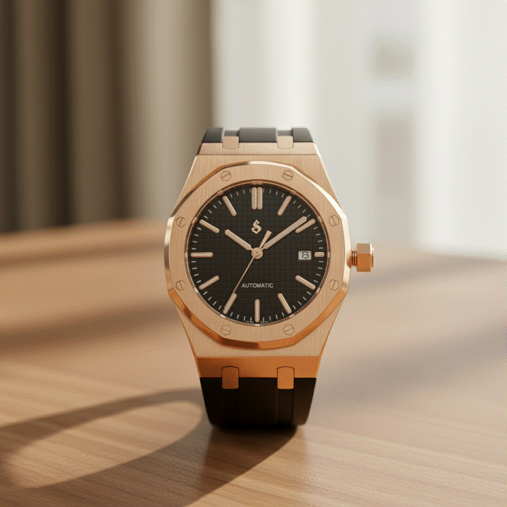 Heritage Oak Rose Gold Seiko Mod with black dial by Modtime Creations