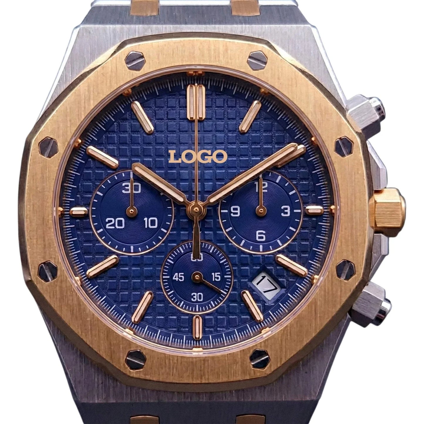 Modded Seiko Heritage Oak chronograph with two-tone blue dial and stainless steel bracelet