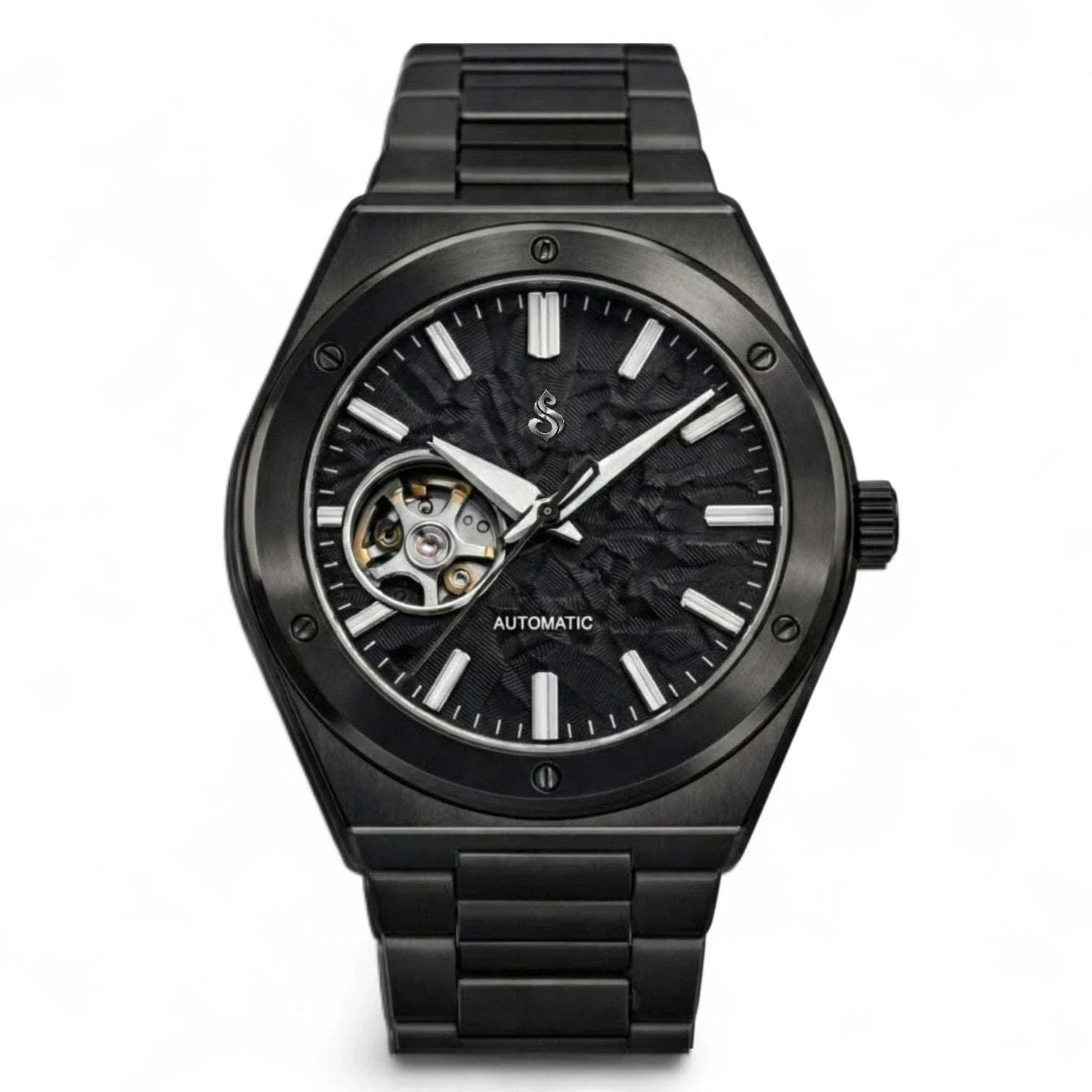 Seiko Mod luxury watch with midnight black open-heart dial and stainless steel case
