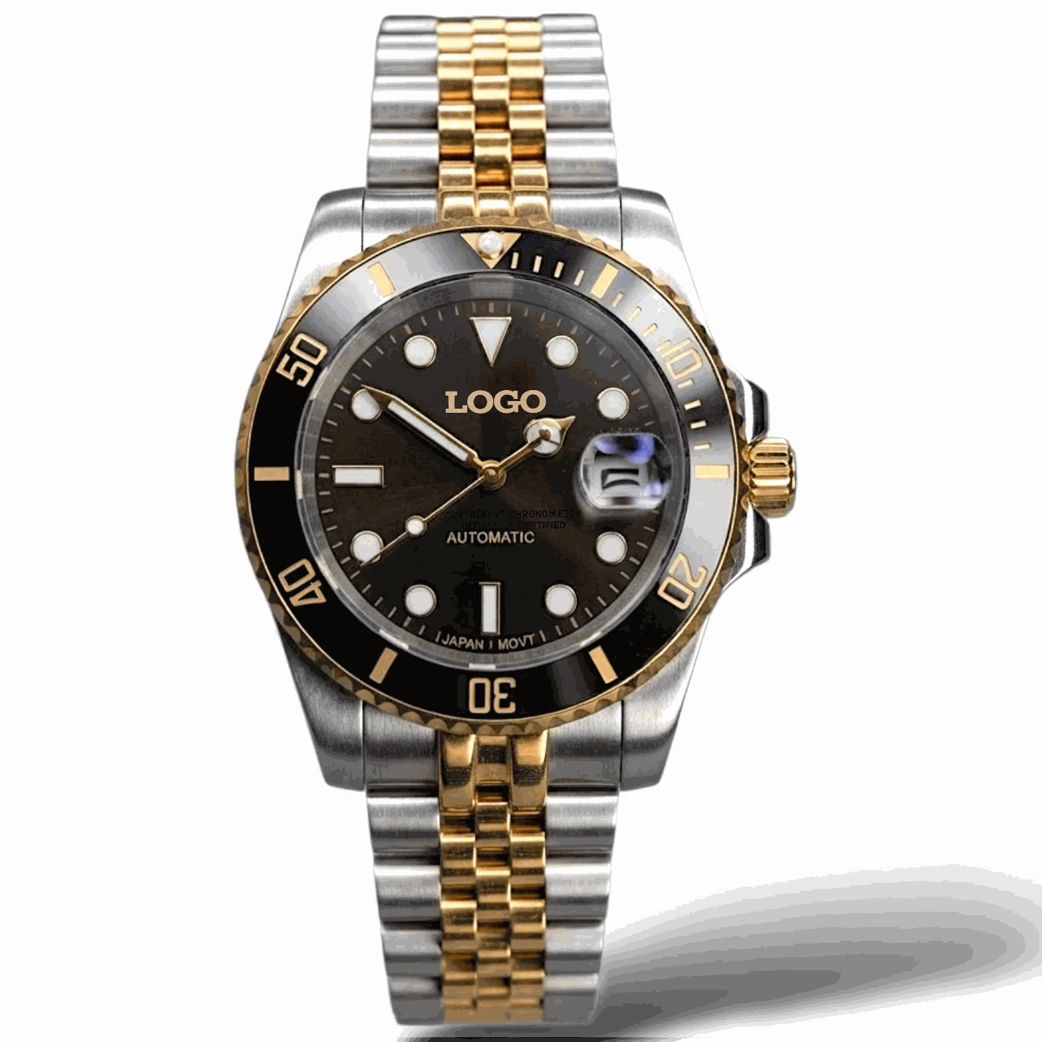 Seiko Mod Watches Submariner Black Gold two-tone diver watch with sapphire crystal and stainless steel case
