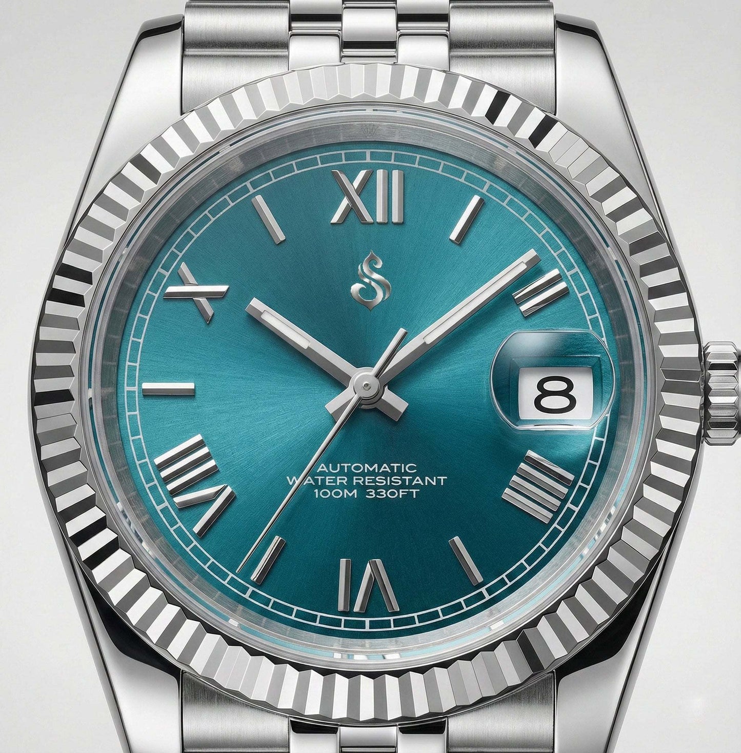 SeikJust Date Window Tiff Blue Roman Numeral Dial Seiko Mod watch by Modtime Creations with NH35 automatic movement and sapphire crystal