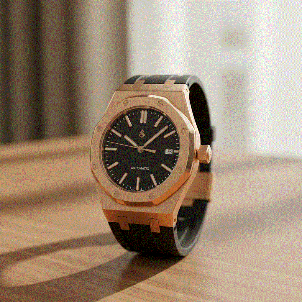 Seiko mod Heritage Oak watch with rose gold case and black dial from Modtime Creations