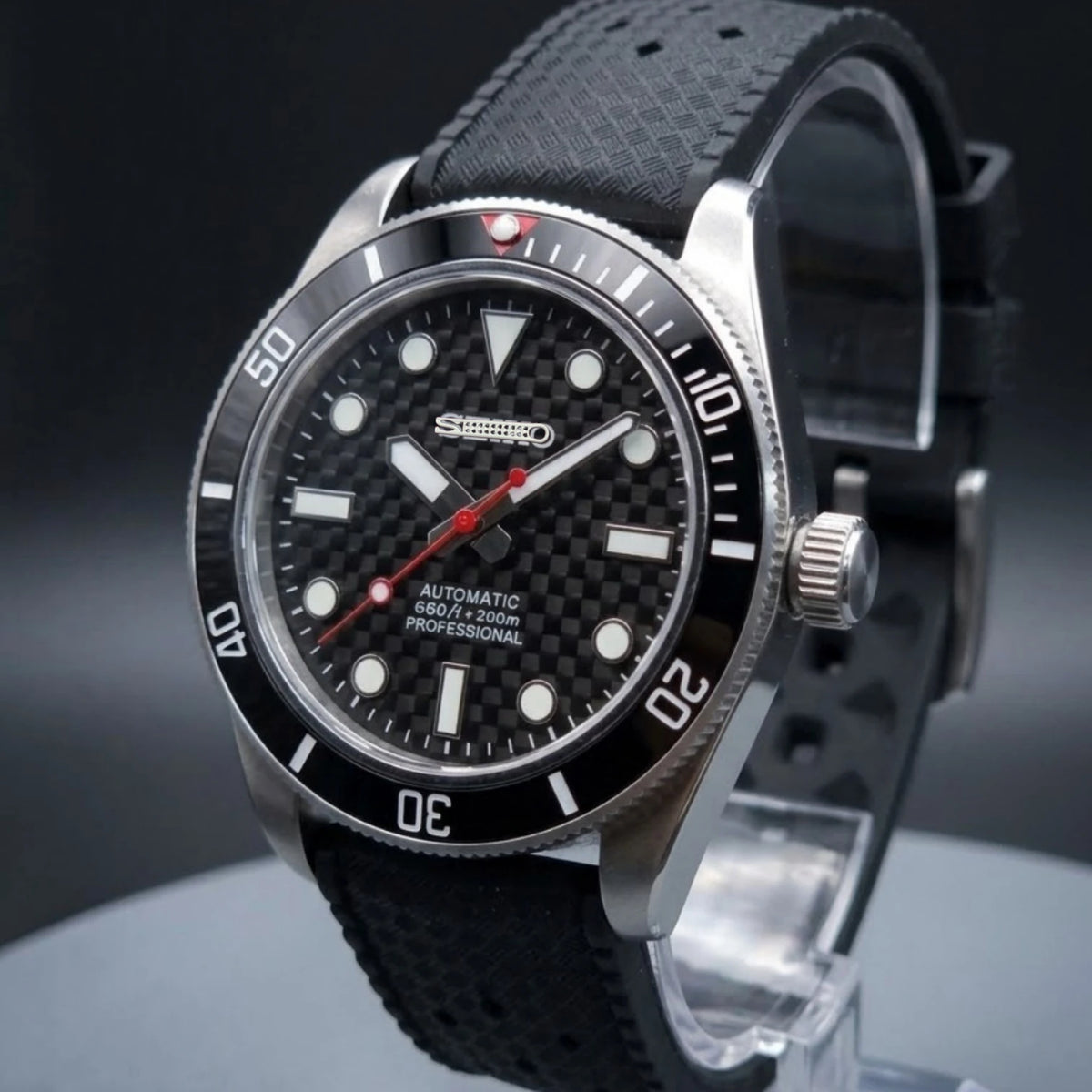 SeikMariner Black 3D Carbon Fiber Diver Vintage Mod Watch - Modtime Creations