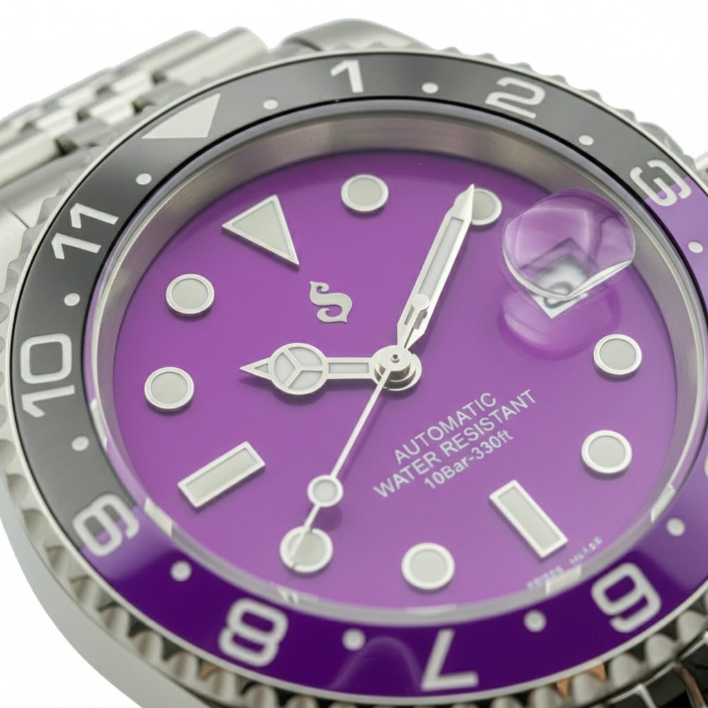 Seikmariner Joker Seiko Mod watch with purple dial and silver stainless steel case and bracelet