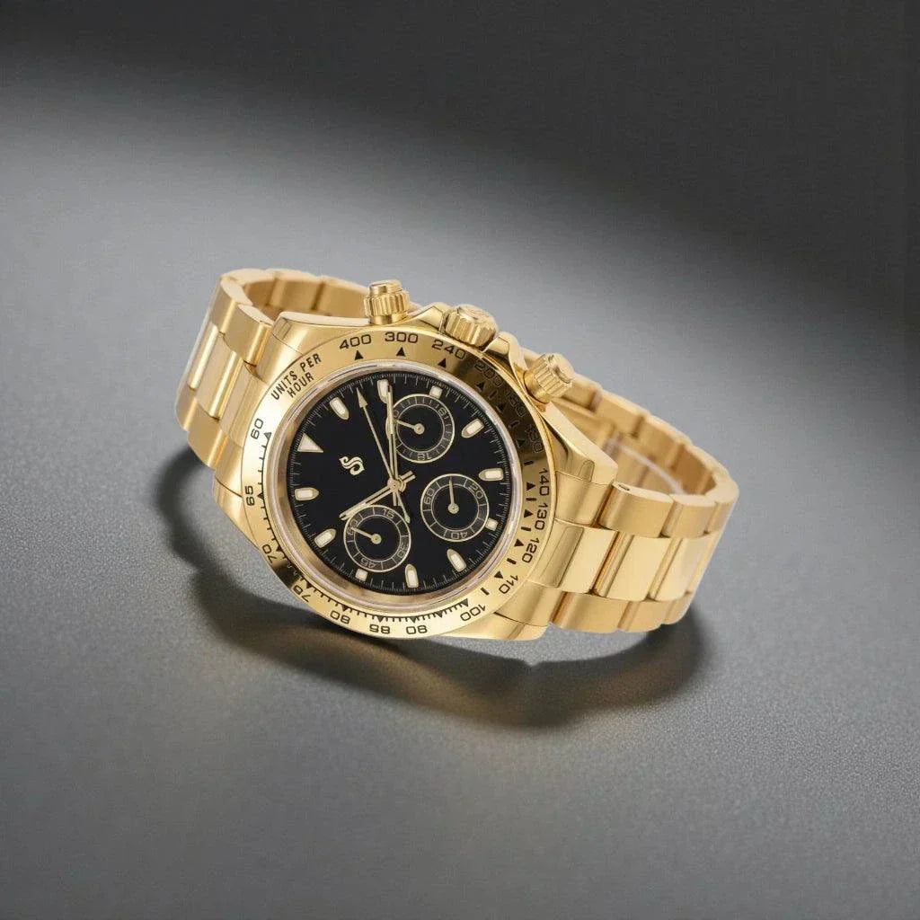 Seitona gold case black gold dial Seiko mod luxury chronograph watch