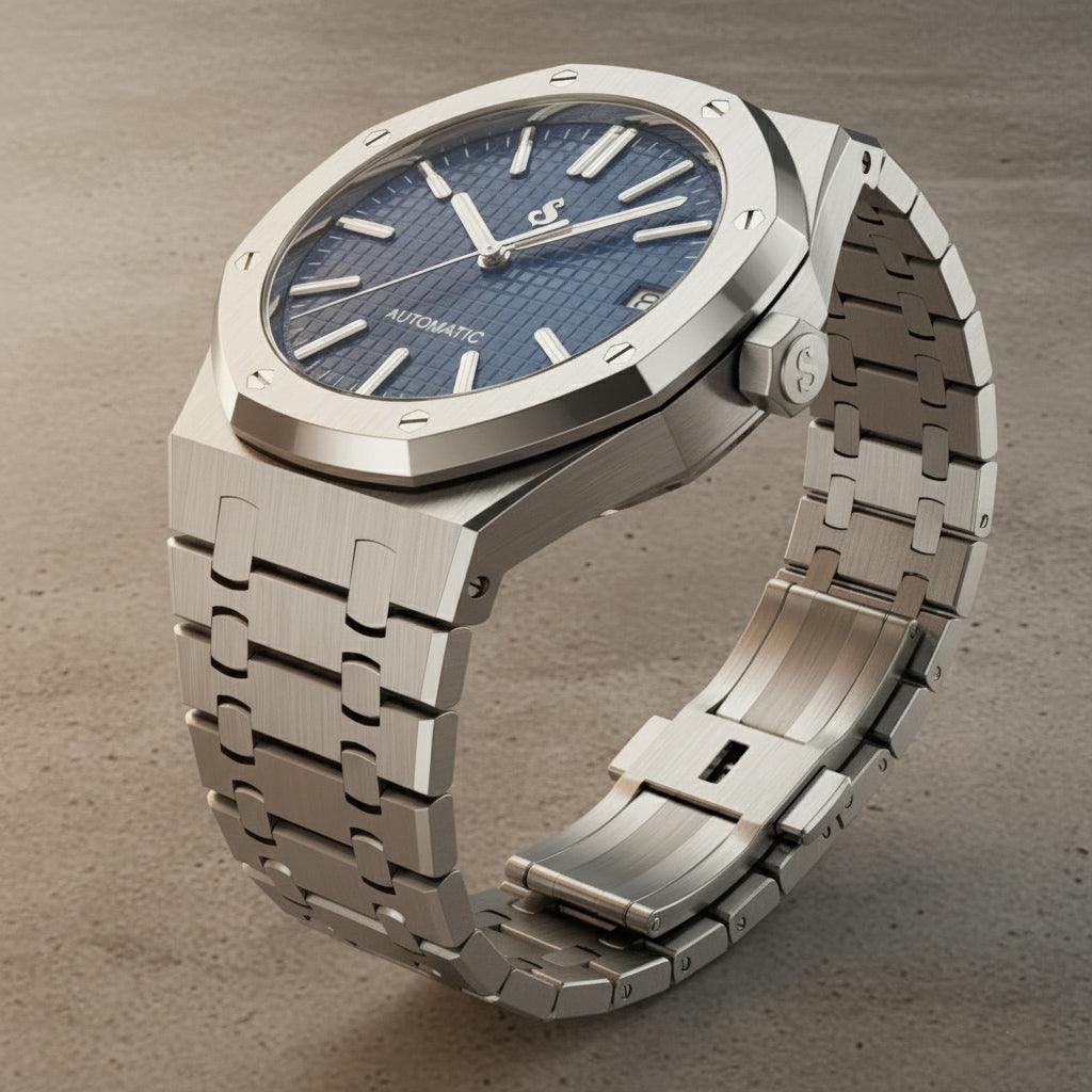 Seiko Modtime Heritage Oak watch with blue dial and stainless steel case