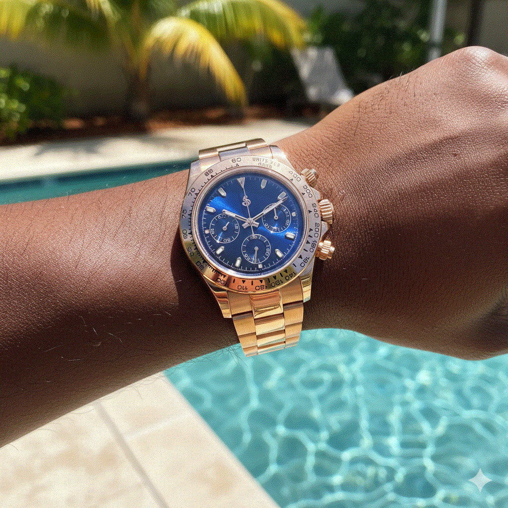 Seiko Mod Seitona rose gold watch with dark blue dial and precision chronograph features