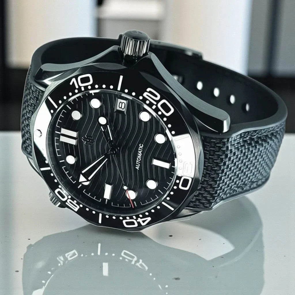 Seiko mod stealth black dial luxury watch with Japanese NH35 automatic movement and rubber bracelet