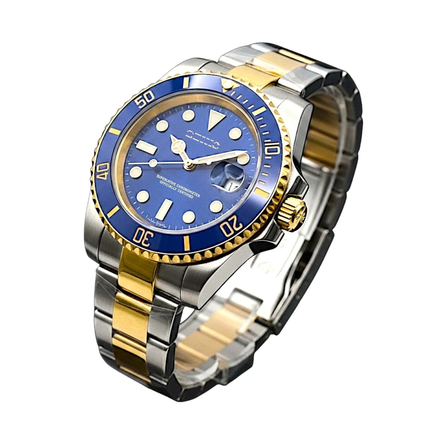 Seikmariner Bluesy two-tone Seiko Mod diver watch with sapphire crystal and stainless steel case