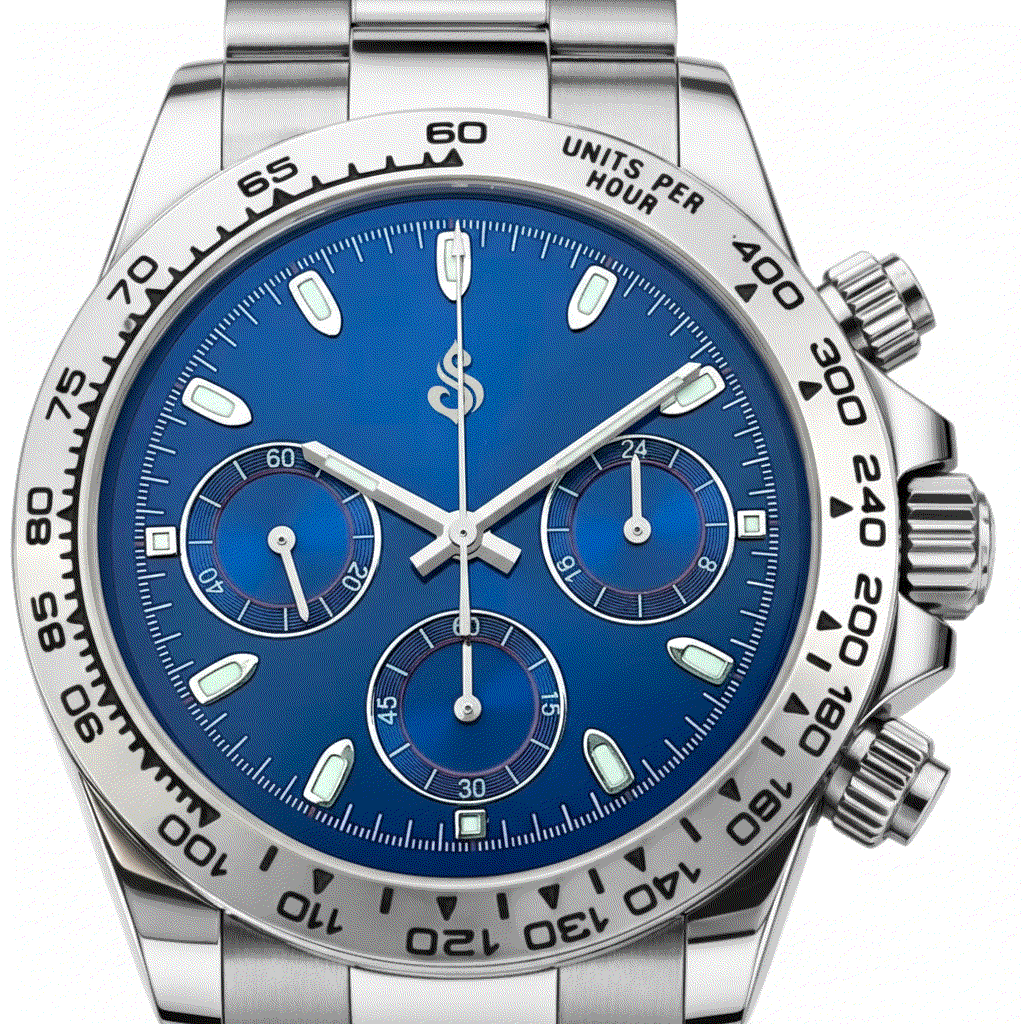 Seitona silver case Seiko Mod watch with dazzling blue dial and chronograph features