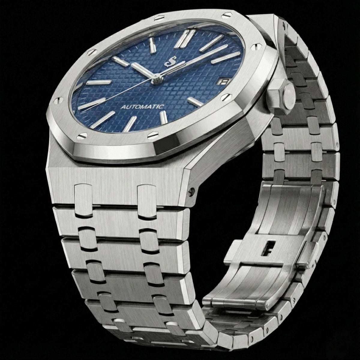 Seiko Mod Royal Oak Luxury watch with blue dial and stainless steel case by Modtime Creations