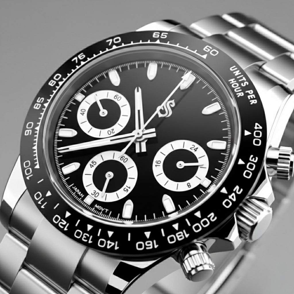 Seitona Black "Panda" dial Seiko Mod watch with stainless steel case and chronograph features