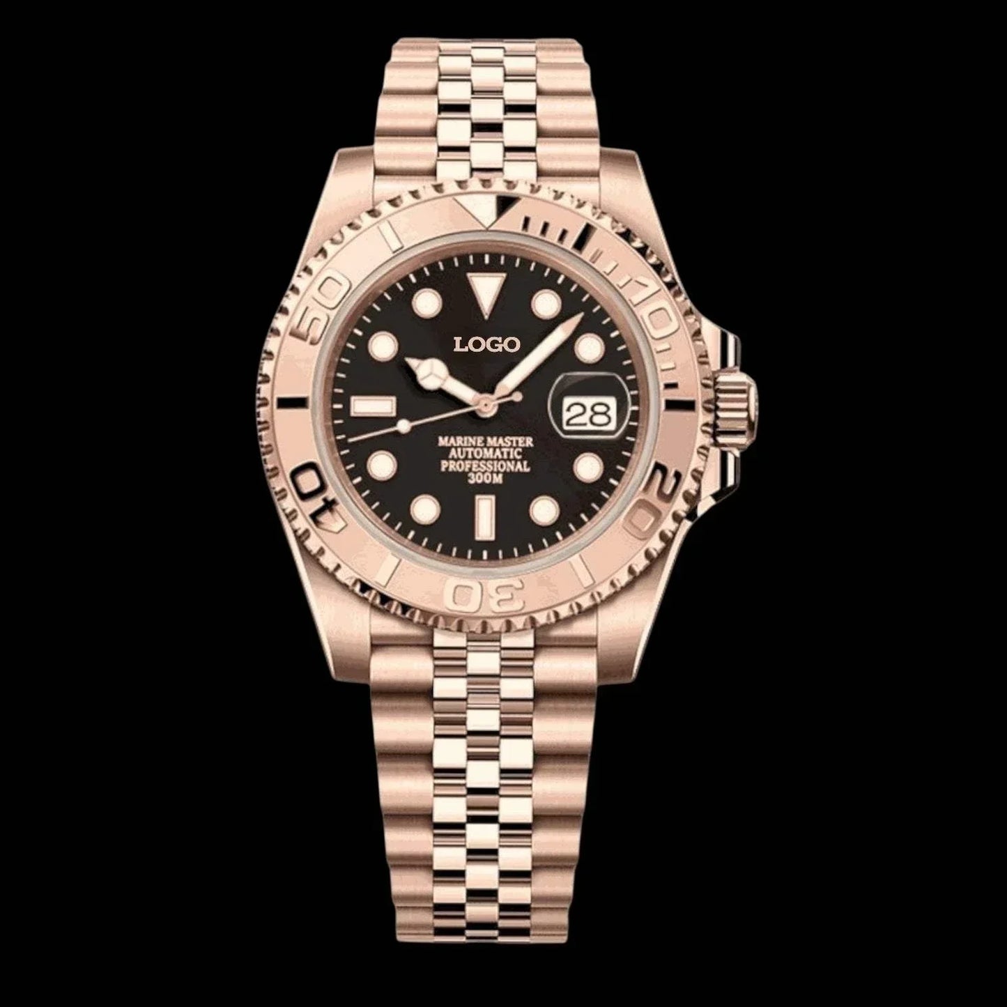 Seikmaster Rose Gold Diver Mod watch by Modtime with black rose gold design and NH35 automatic movement