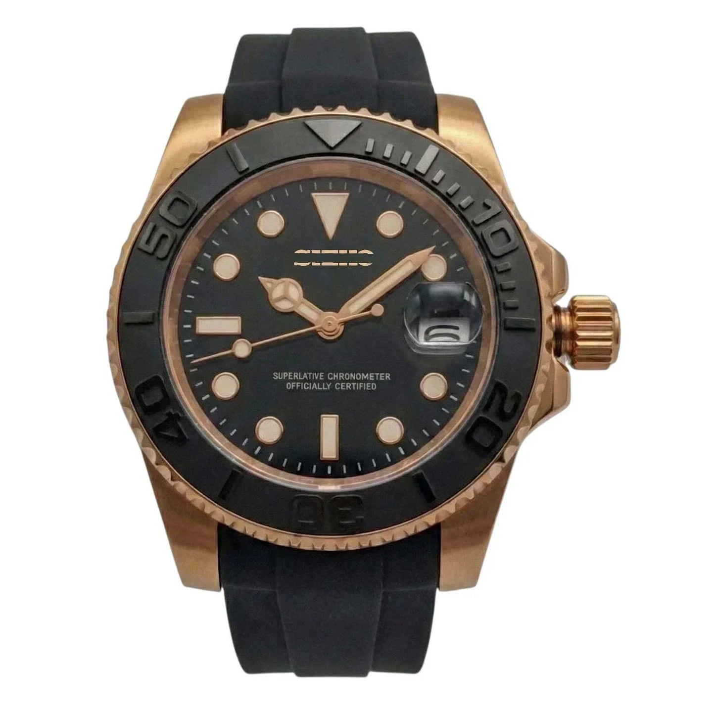 Seikmaster Black Rose Gold Diver Mod watch by Modtime with NH35 movement and luxury design