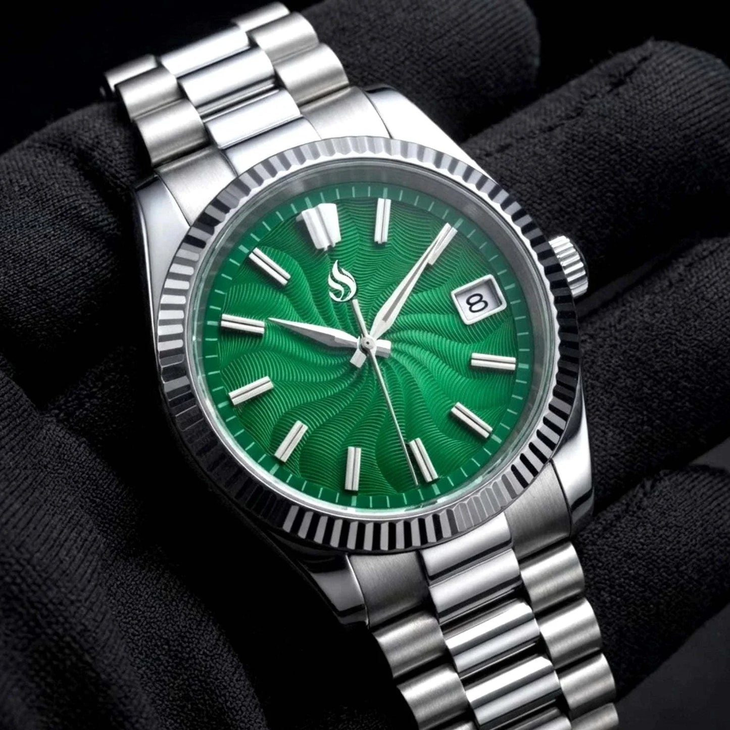 Seiko mod watches datejust green Guilloche dial with Stainless-Steel Bracelet by Modtime Creations 