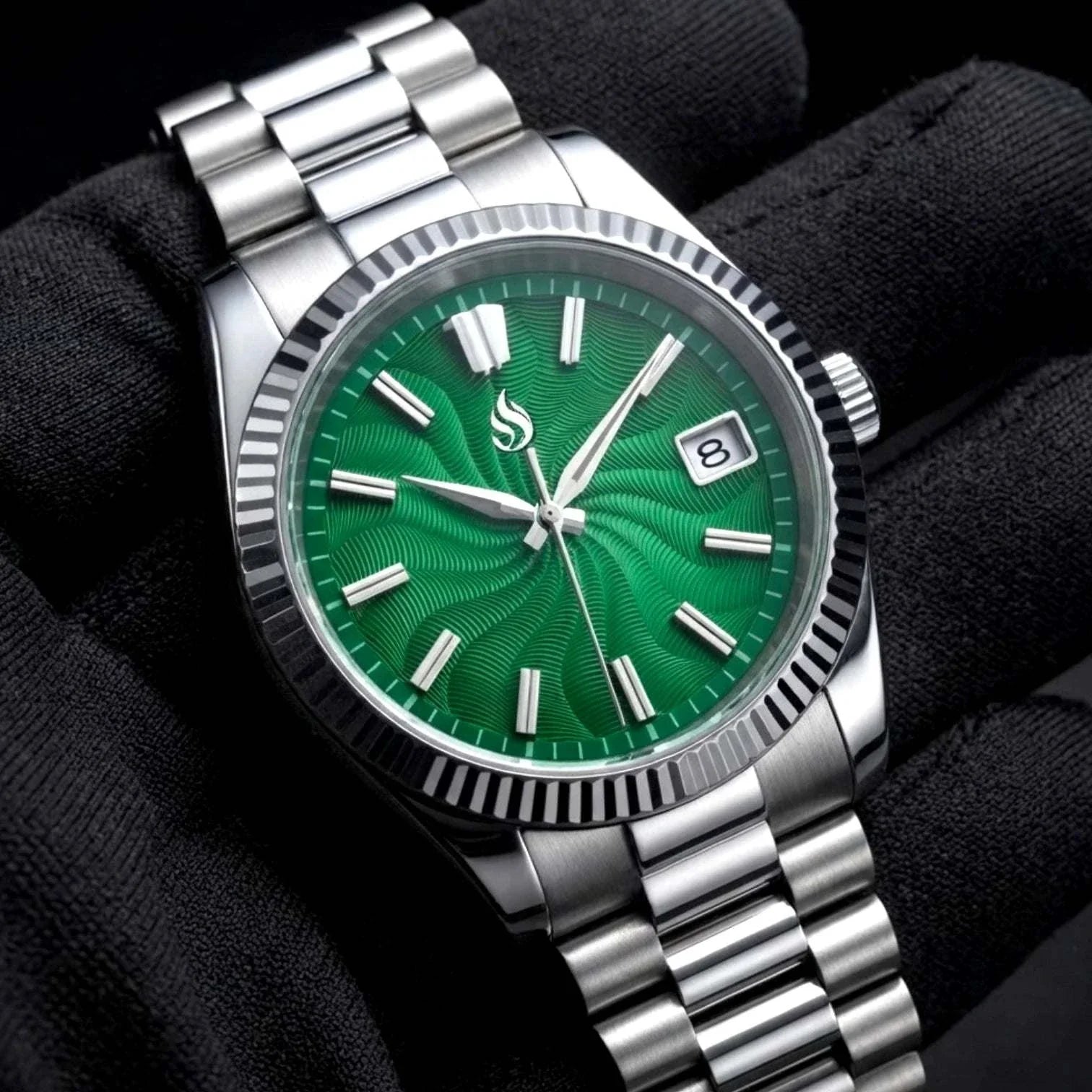 Seiko mod watches datejust green Guilloche dial with Stainless-Steel Bracelet by Modtime Creations 
